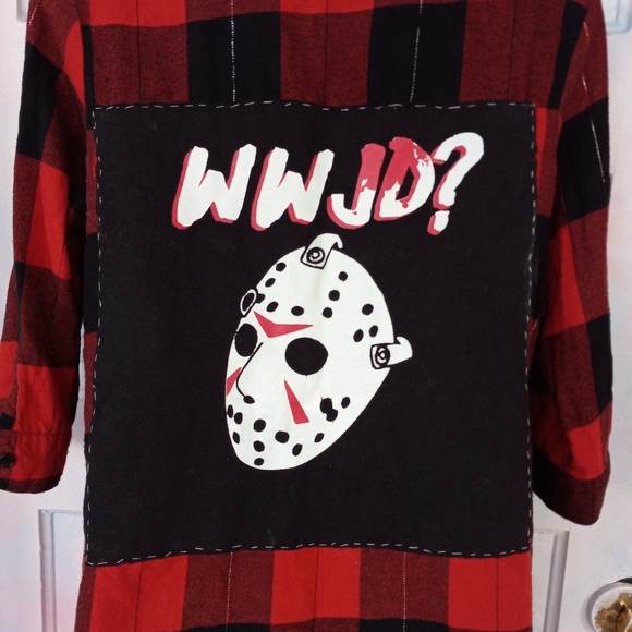 Custom Fri 13th Jason meme femme 3/4 sleeve flannel! Ooak! What would Jason do - Picture 4 of 4